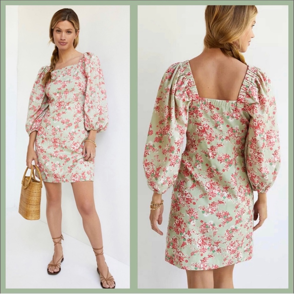 Anthropologie Forever That Girl Floral Green Puff Sleeve Mini Dress NWT Size XL